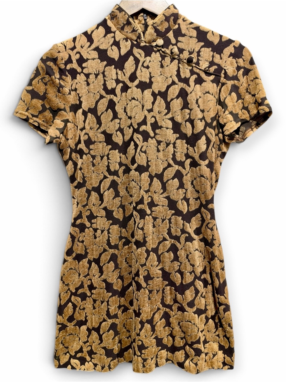 Vintage Joseph Ribkoff Floral Velvet Cheongsam Mini Dress Brown Tan Size 6